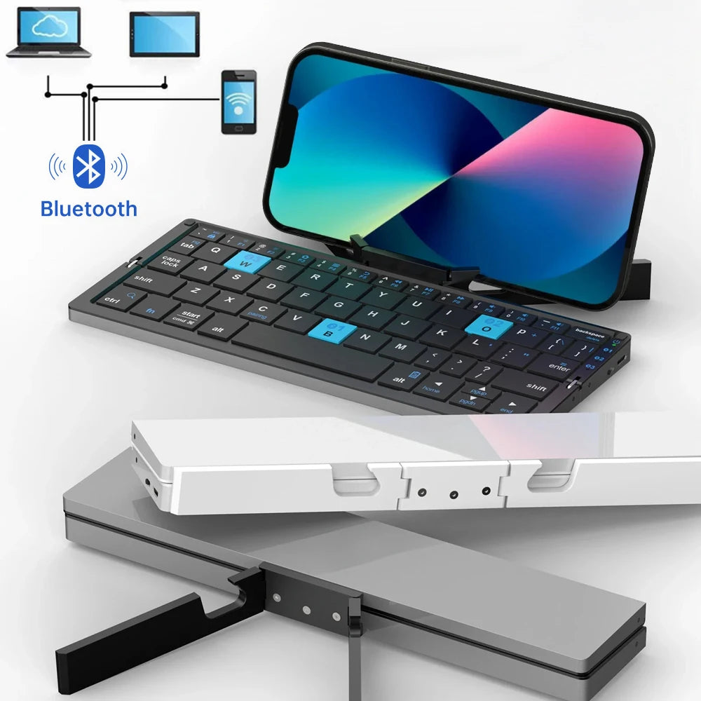 Folding Mini Wireless Keyboard with Three Bluetooth and Stand for Tablet Phone Laptop Bluetooth Keyboard for Android IOS Windows