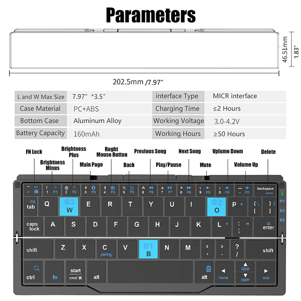 Folding Mini Wireless Keyboard with Three Bluetooth and Stand for Tablet Phone Laptop Bluetooth Keyboard for Android IOS Windows