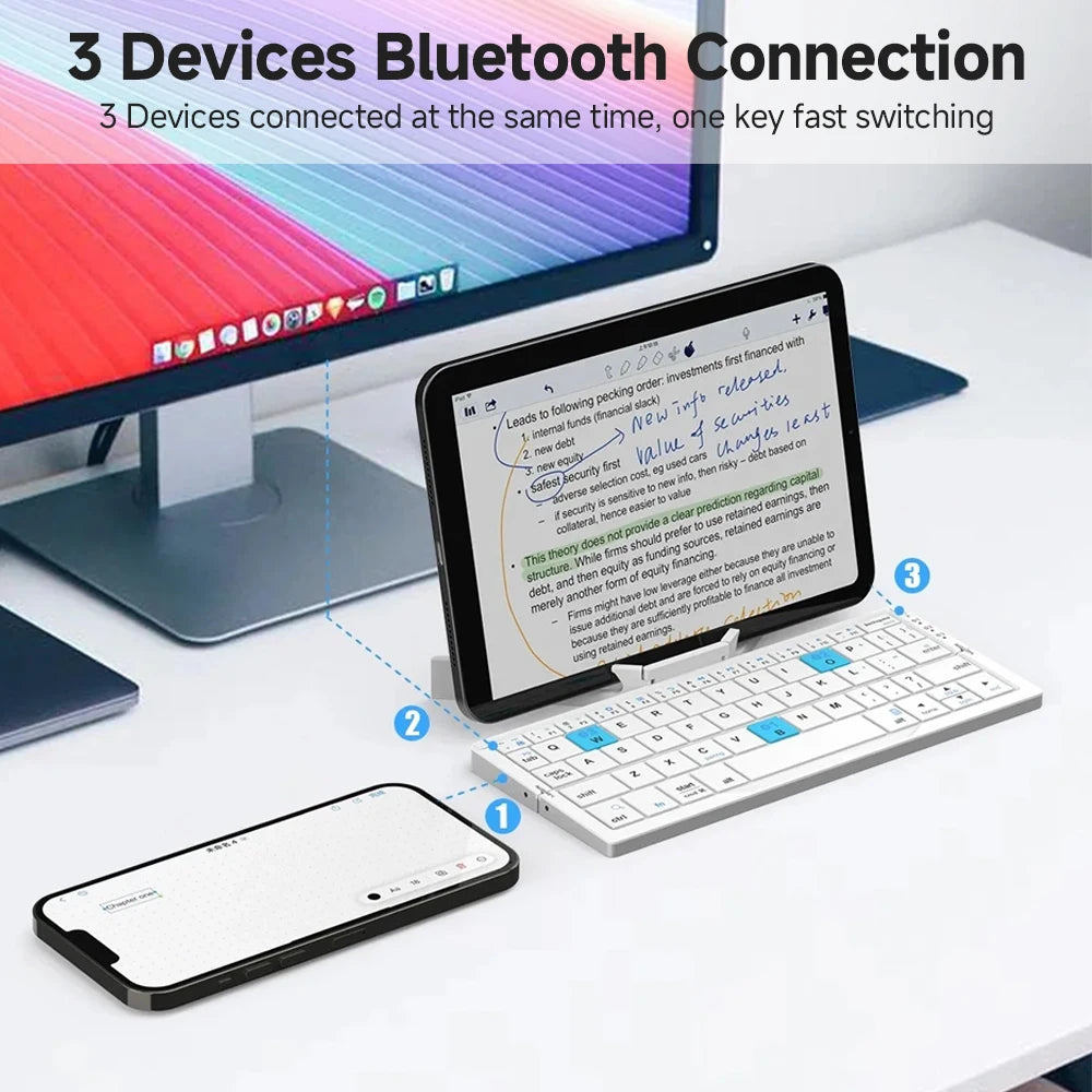 Folding Mini Wireless Keyboard with Three Bluetooth and Stand for Tablet Phone Laptop Bluetooth Keyboard for Android IOS Windows