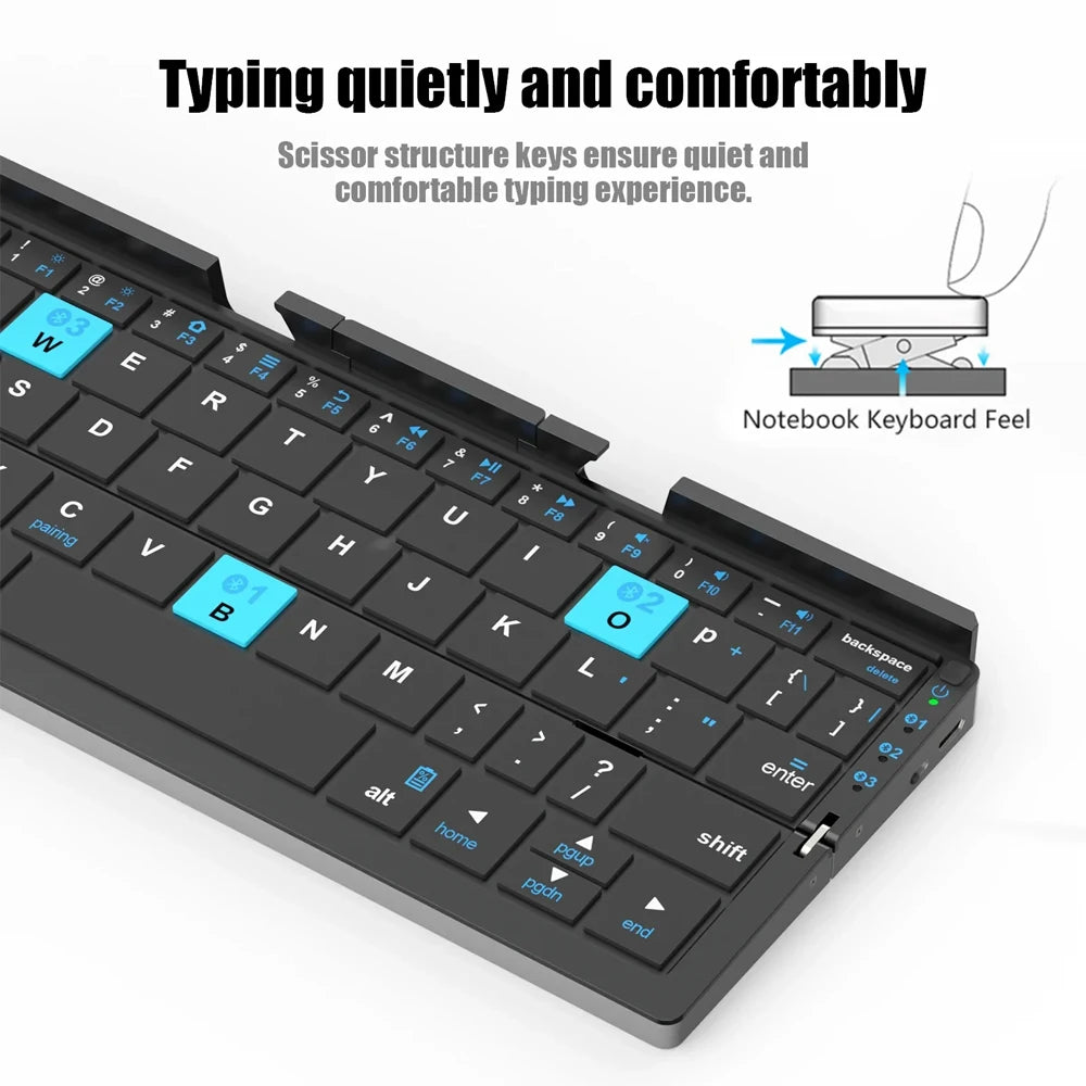 Folding Mini Wireless Keyboard with Three Bluetooth and Stand for Tablet Phone Laptop Bluetooth Keyboard for Android IOS Windows